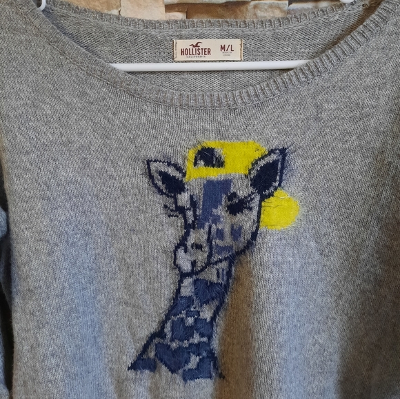 Hollister Knit Cropped Cute Giraffe Sweater Grey Pullover Long Sleeve Fuzzy Top - Picture 7 of 16